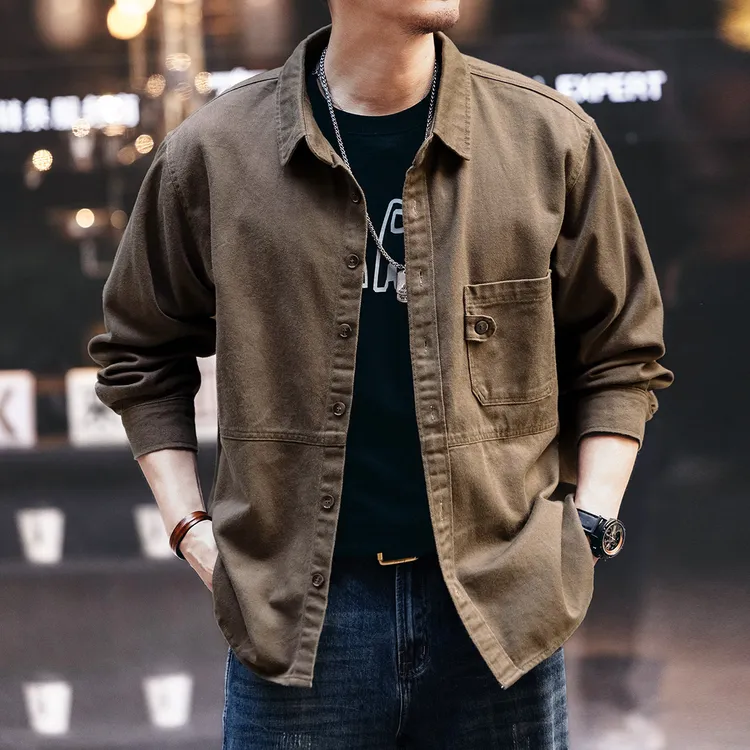 格蓝鹿美式重磅设计感工装衬衫男2025秋冬新款宽松长袖衬衫衣外套