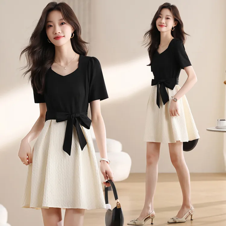 夏季法式方领假两件短袖连衣裙女士气质蝴蝶结裙子收腰显瘦A字裙
