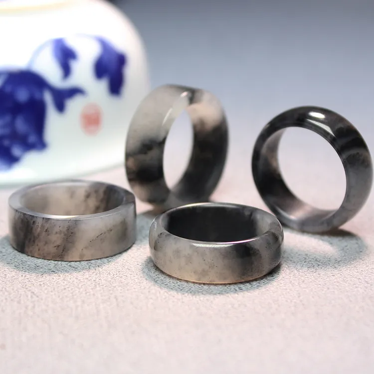 天然新疆和田玉青花戒指黑白分明点墨飘墨意境玉石扳指圈拍一发一