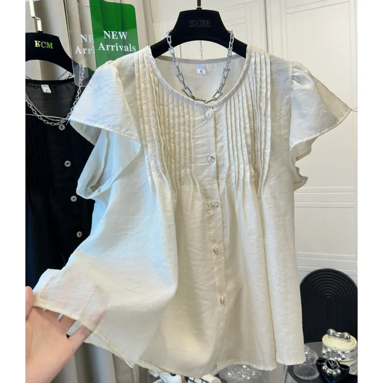 2024夏季新款韩版宽松圆领飞飞袖压褶衬衫女通勤气质显瘦开衫上衣