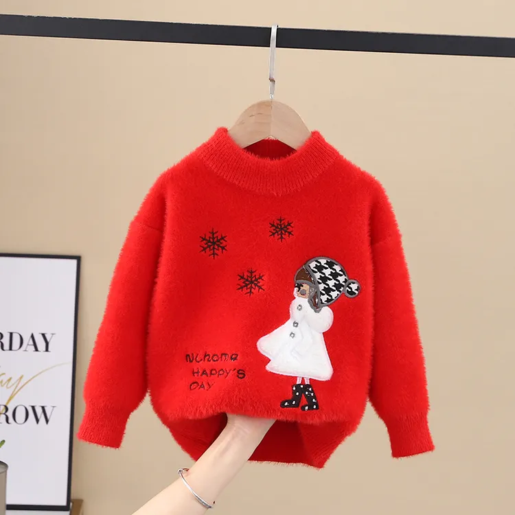 女童水貂绒毛衣红色加绒针织衫秋冬儿童装套头洋气圆领小女孩打底