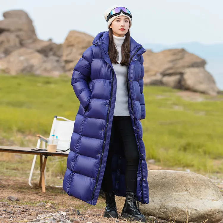 逐雅440克鹅绒95％哈尔滨户外加厚极寒连帽黑金过膝长款大码羽绒服