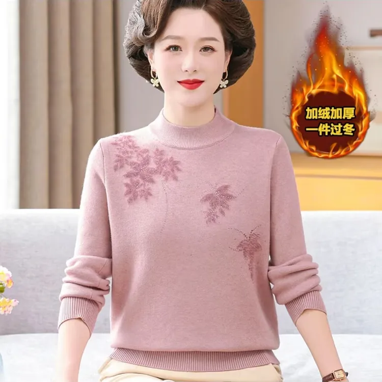 妈妈装秋冬加绒加厚毛衣一体绒针织打底衫中老年女奶奶老年人冬装