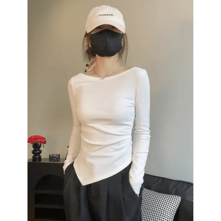 早秋白色一字肩长袖打底衫女显瘦修身洋气百搭设计感小众T恤上衣