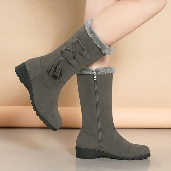 雪地靴秋冬季磨砂高跟鞋女加绒加厚保暖软底棉鞋防滑中筒靴女靴子
