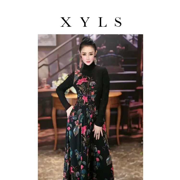 女装弹力网纱连衣裙秋冬复古T006189