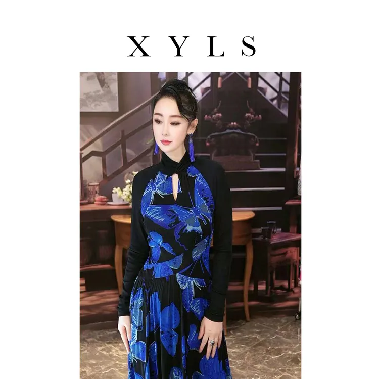 女装弹力网纱连衣裙秋冬复古T006198