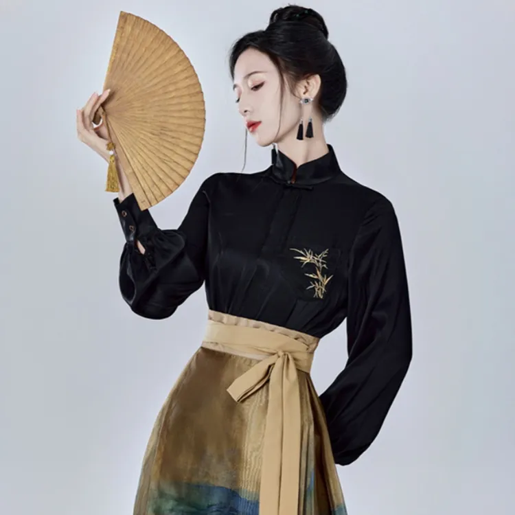 国风女装 汉服上衣女秋冬新款新中式改良汉元素刺绣长袖复古衬衫