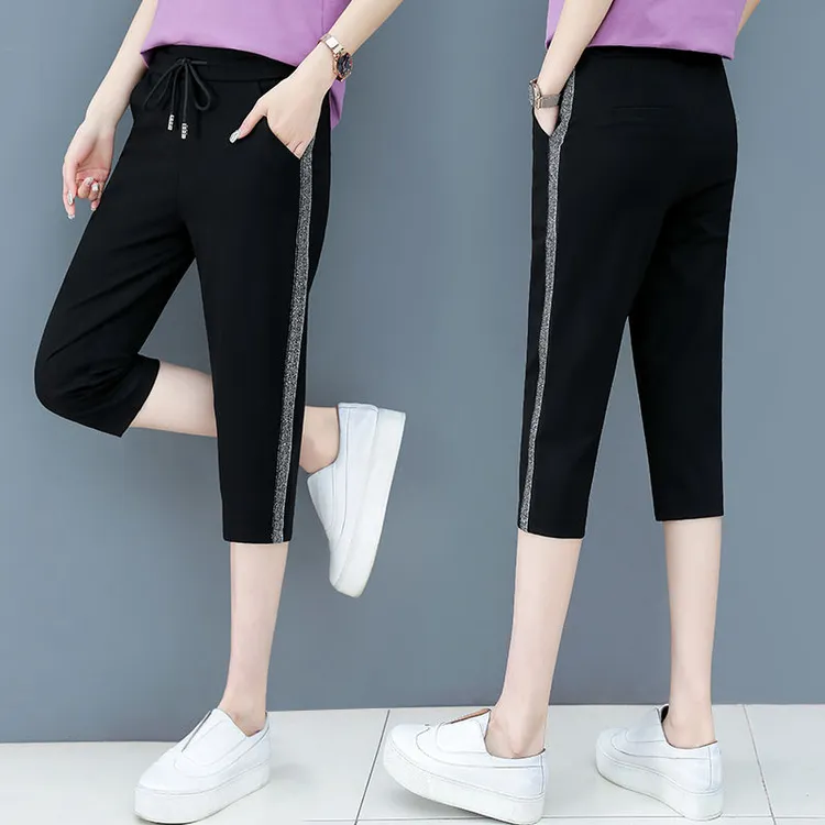 夏季新款七分裤女条纹裤宽松显瘦休闲薄款高腰短裤马裤夏款女女款