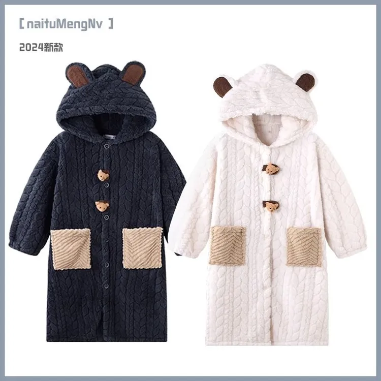 情侣睡衣女秋冬季加厚加绒珊瑚绒2024新款男士睡袍小熊家居服套装