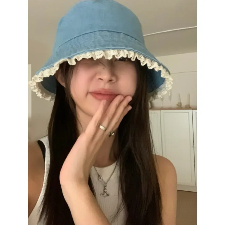 好可爱的渔夫帽~蕾丝边牛仔盆帽遮阳学院风春夏显脸小帽子女韩版