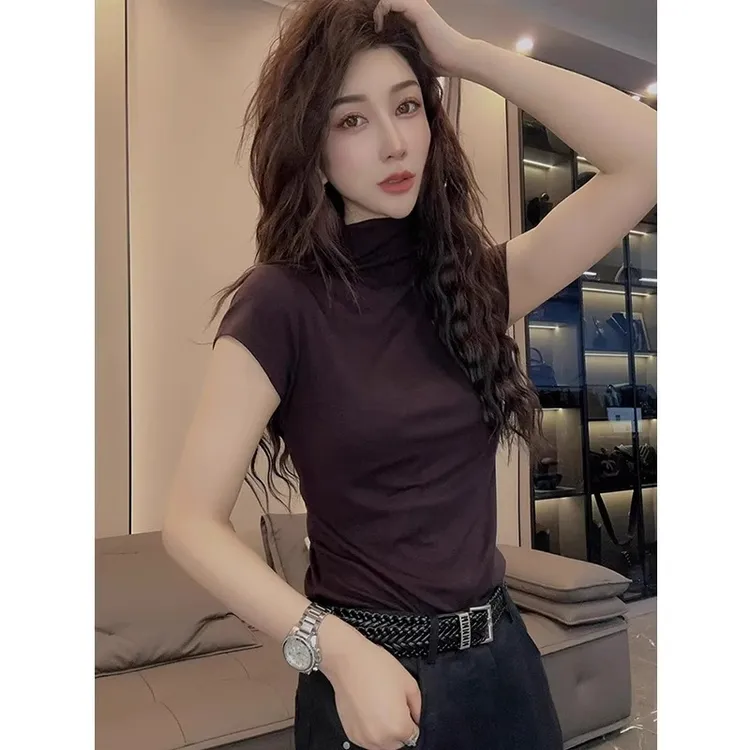 芊芊芙半高领短袖T恤女夏季新款欧货修身显瘦正肩小飞袖打底上衣