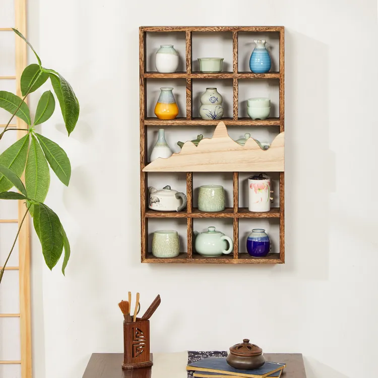 慕意实木中式茶杯多宝阁墙上茶室茶壶展示架茶杯茶具收纳架置物架