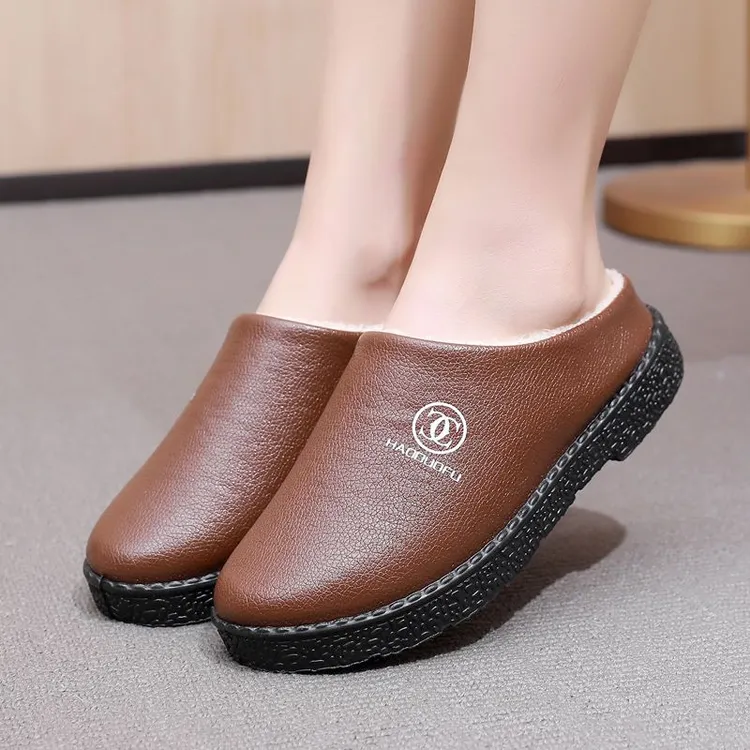 冬季皮面新款防水棉拖鞋室内家用厚底防滑棉鞋保暖女士居家棉拖鞋