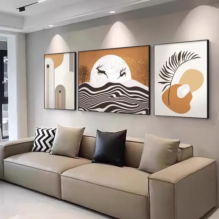 沙发背景墙装饰画三联现代简约轻奢装饰画侘寂莫兰迪抽象