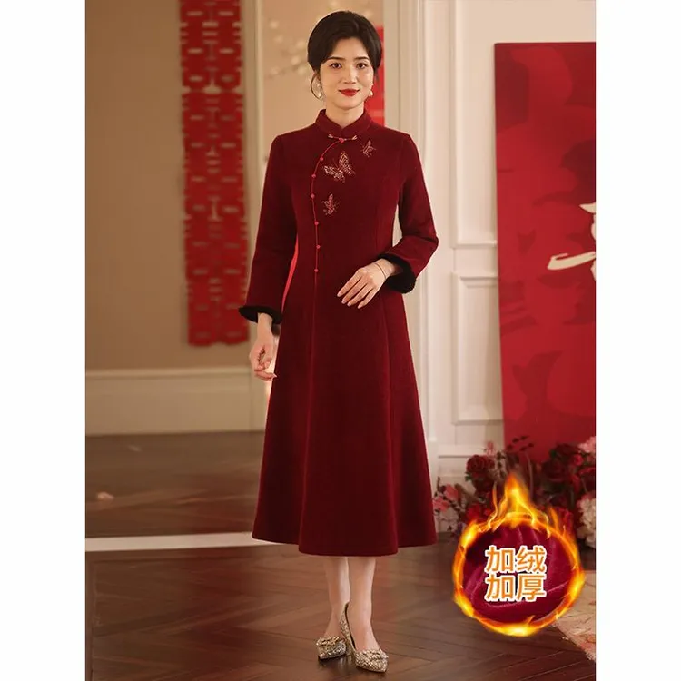 妈妈婚宴礼服加绒加厚2024新款冬天显瘦披肩外套喜婆婆装平时可穿