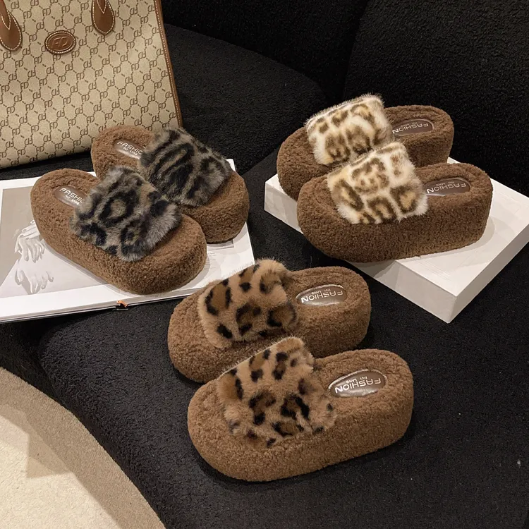 厚底毛拖鞋女款爆款网红豹纹软底外穿一字拖雪地靴时尚潮流棉拖