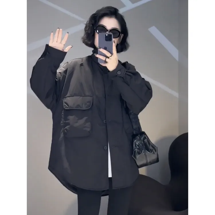 立领薄款小众棉衣女秋冬新款大口袋设计感单排扣宽松百搭保暖外套