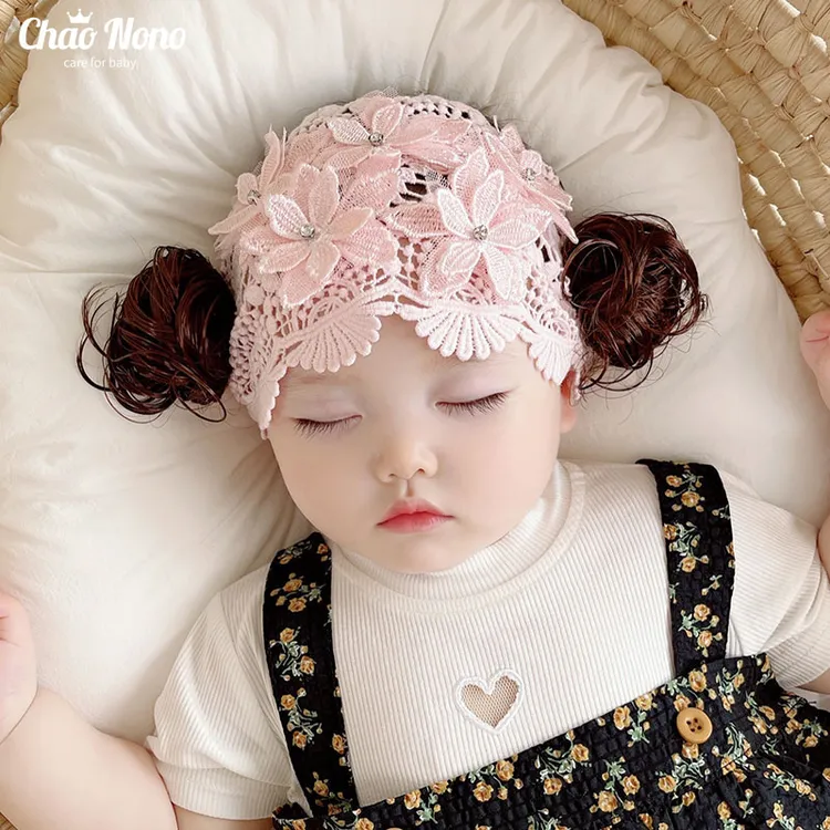 可爱婴幼儿假发超萌女宝宝蕾丝花朵头饰百天婴儿春秋宝宝婴儿帽子