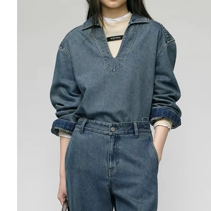 YOEYYOU极简翻领上衣24秋冬新品设计师复古弧形套头宽松衬衫