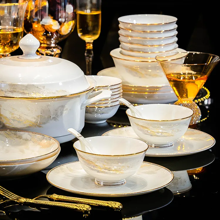 景德镇轻奢白瓷餐具套装高级感碗盘套装中式家用乔迁新居陶瓷餐具