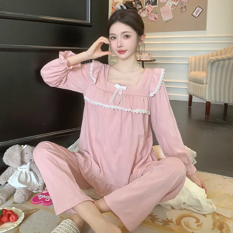 春秋季睡衣女棉质长袖甜美花边少女薄款公主风纯色秋冬家居服套装
