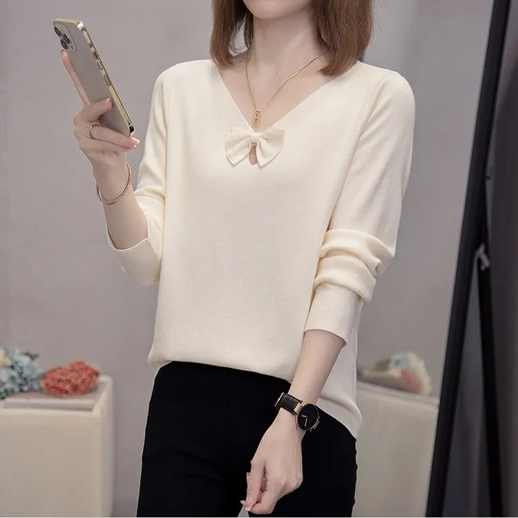 蝴蝶结V领优雅针织衫毛衣女秋冬时尚高级感长袖显瘦遮肚打底上衣