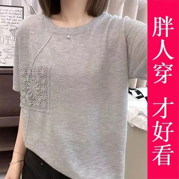 夏季气质女装钩花设计感短袖减龄t恤休闲洋气大码宽松显瘦上衣