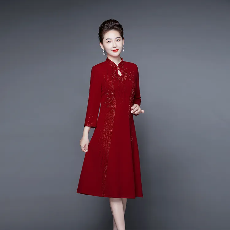 春秋结婚妈妈装中国风高贵气质红色婚宴礼服喜婆婆婚礼喜庆连衣裙