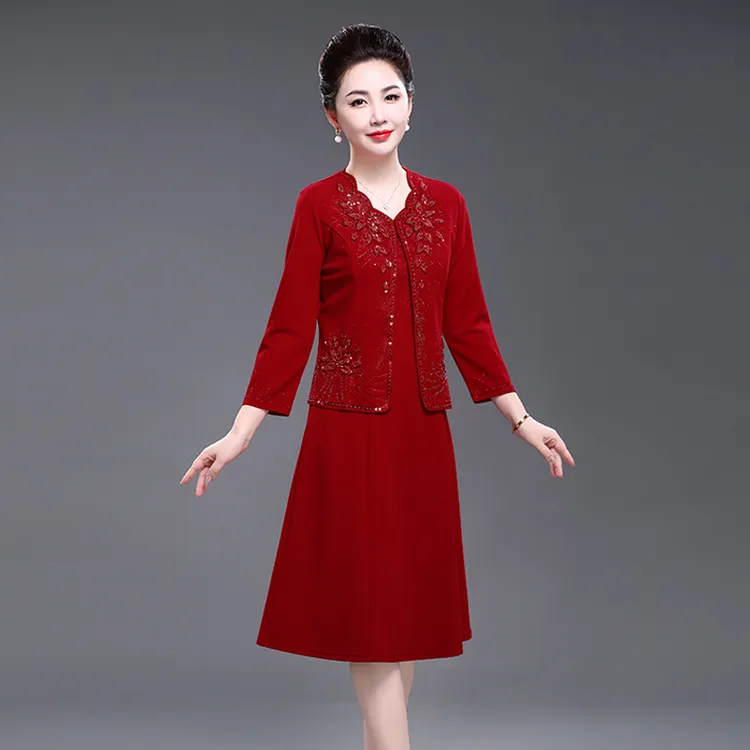 春秋结婚妈妈装高贵喜庆洋气两件套婚宴礼服喜婆婆婚礼红色套装裙