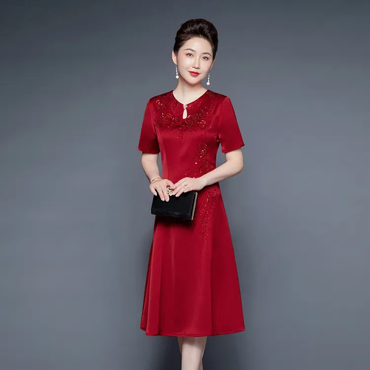 夏女结婚妈妈装高贵酒红色喜婆婆显瘦婚礼醋酸短袖婚宴礼服连衣裙