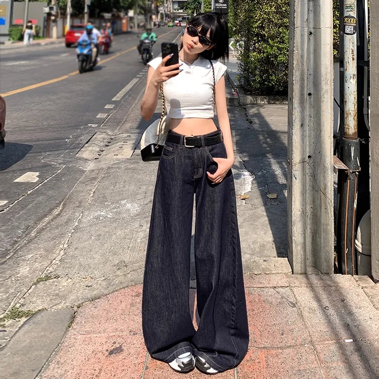 深蓝色复古垂感牛仔裤女2025秋冬加绒宽松阔腿裤时尚原色百搭长裤