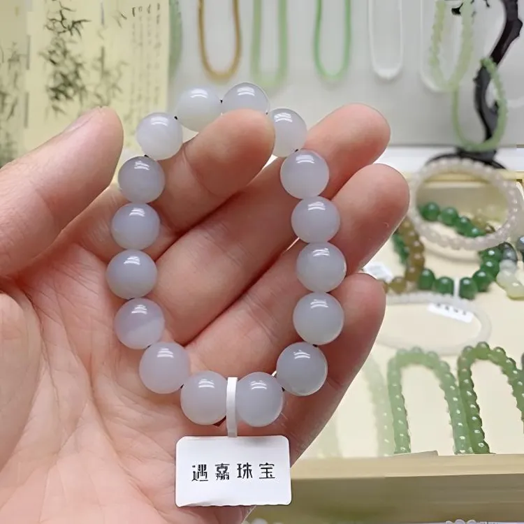 和田玉烟紫冰透清新时尚玉手串素圈情侣单圈手串珠玉手串12mm