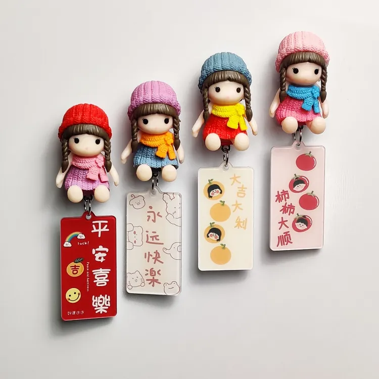 创意冰箱贴带帽女孩卡通娃娃3D立体磁铁吸铁石磁力贴平安喜乐装饰