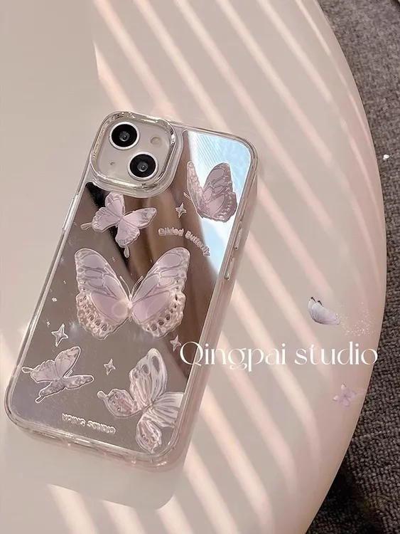 补妆镜子壳粉色蝴蝶苹果15Promax手机壳iphone14plus/13/12/11/xs