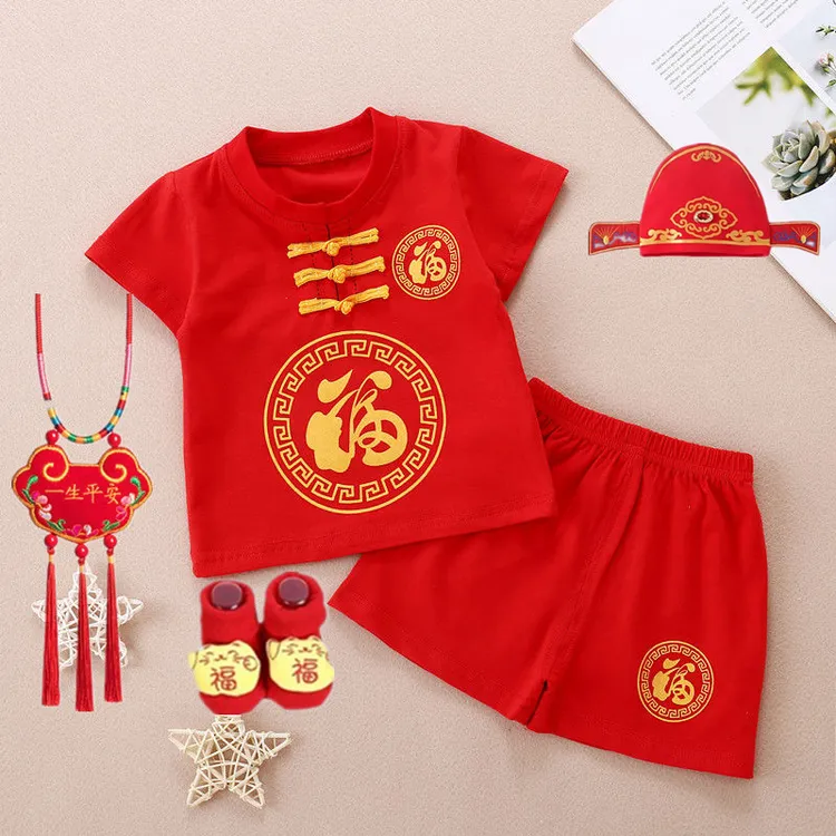 婴儿国风夏季套装2025新款红色宝宝衣服纯棉百天抓周服宝宝拍照服