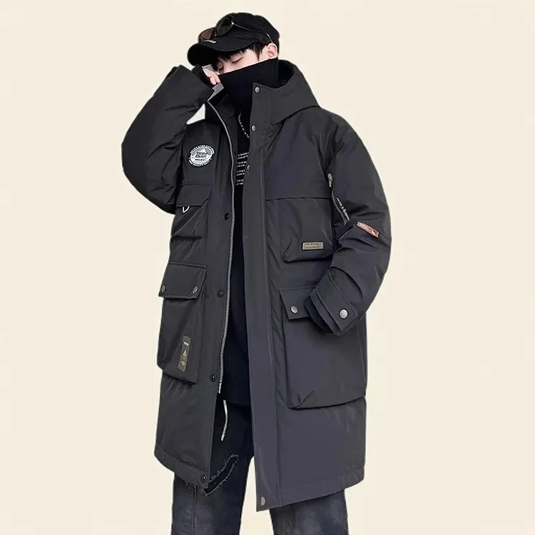 国潮爆款冬季加厚羽绒服男中长款连帽工装300斤大码胖子防寒外套