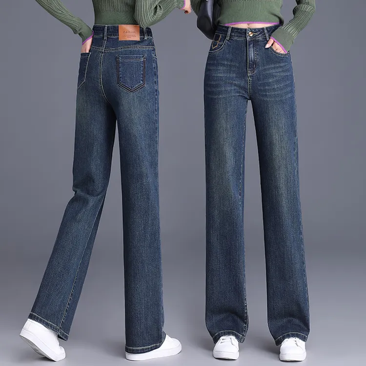 宽松显瘦直筒牛仔裤女款爆款高腰正版休闲秋冬微弹保暖裤蓝色长裤