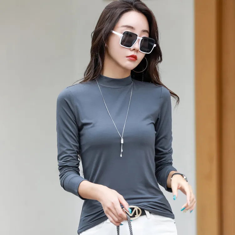 莫代尔打底衫女士2023秋季新款半高领长袖T恤修身显瘦内搭上衣