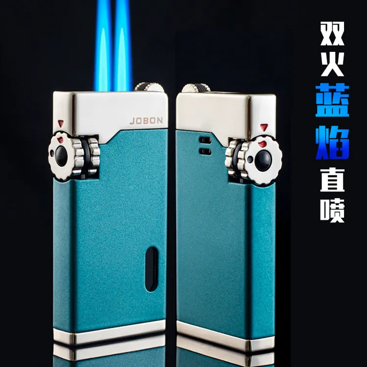 双直冲蓝焰防风充气打火机砂轮网红男士高档个性创意时尚双火复古