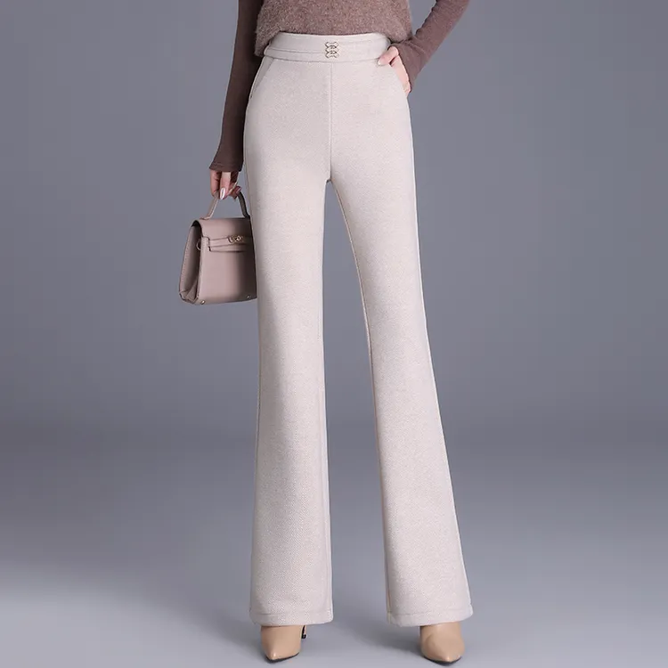 秋冬羊毛呢女士喇叭裤高腰显瘦加厚保暖微喇叭白色百搭时尚