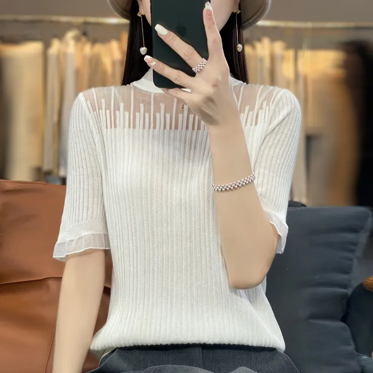 时尚蕾丝小衫半袖精纺羊毛针织衫女春季新款气质女士上衣百搭洋气