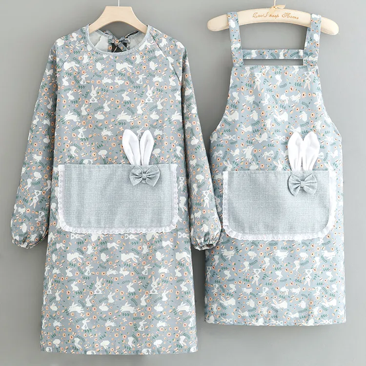 时尚耐脏耐磨可爱长袖防污透气围裙厨房家用工作服围腰竹节棉成人