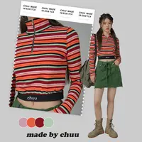 4307【金拐子专属】CHUU拼接polo领短款彩虹条纹T恤-F