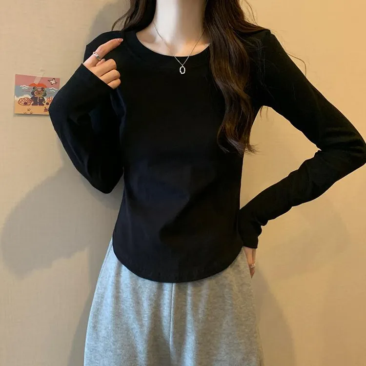 长袖T恤女春秋内搭圆领打底衫小众秋季韩版黑色弧形高档上衣显瘦