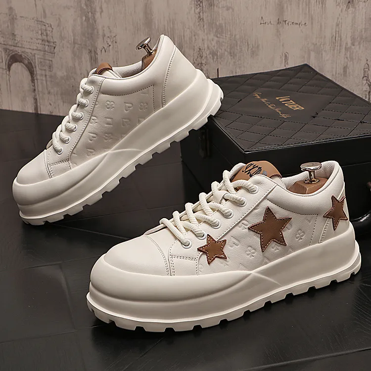 头层牛皮潮鞋低帮百搭星星鞋男士运动白色休闲潮流厚底韩版鞋子