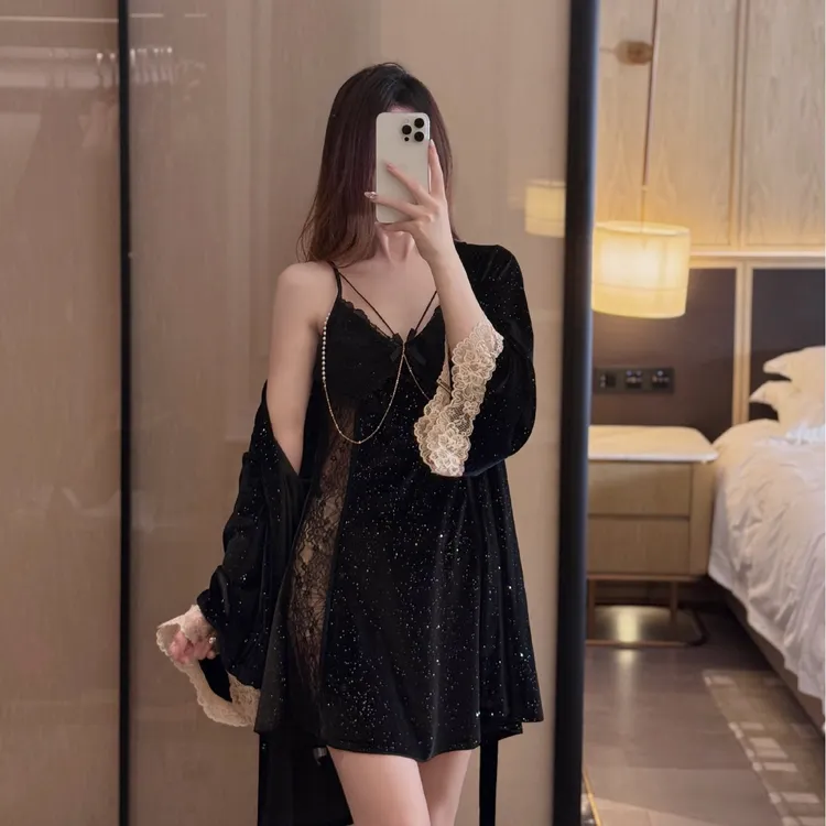 性感吊带金丝绒睡裙睡袍两件套睡衣女士春秋家居高级感奢华珍珠链