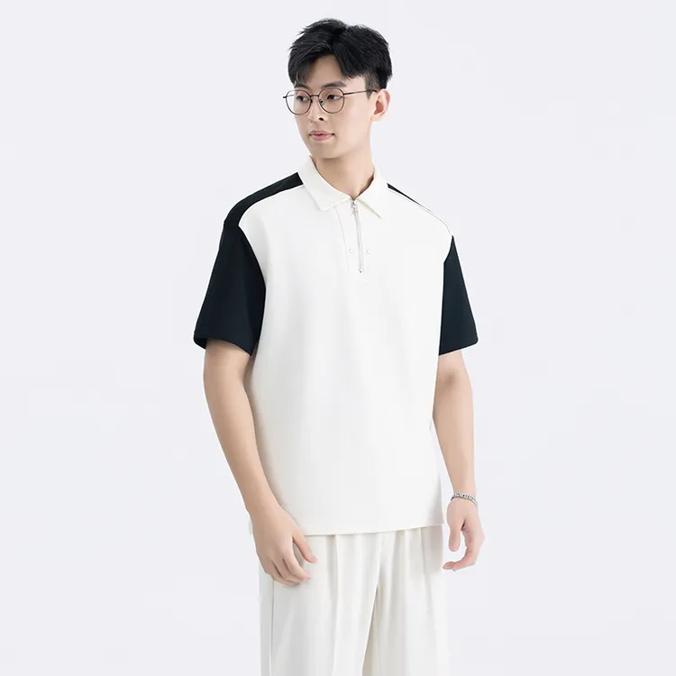 夏季原宿风高级感撞色落肩袖上衣简约纹理感宽松半拉链POLO衫男