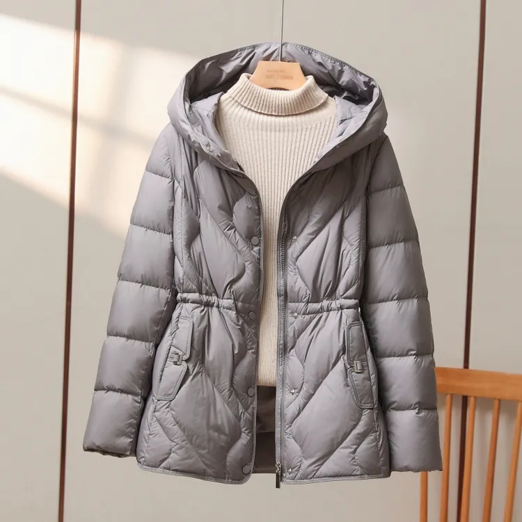 90白鸭绒轻薄羽绒服女中长款2025新款小个子连帽收腰显瘦百搭外套