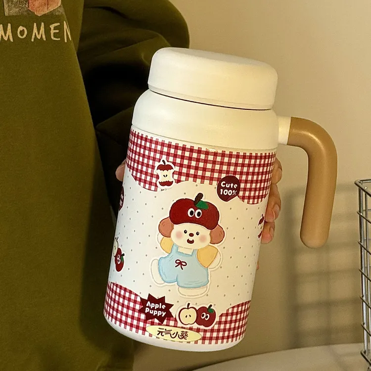 大容量小狗苹果可爱保温杯316不锈钢高颜值家用带茶隔手柄学生杯